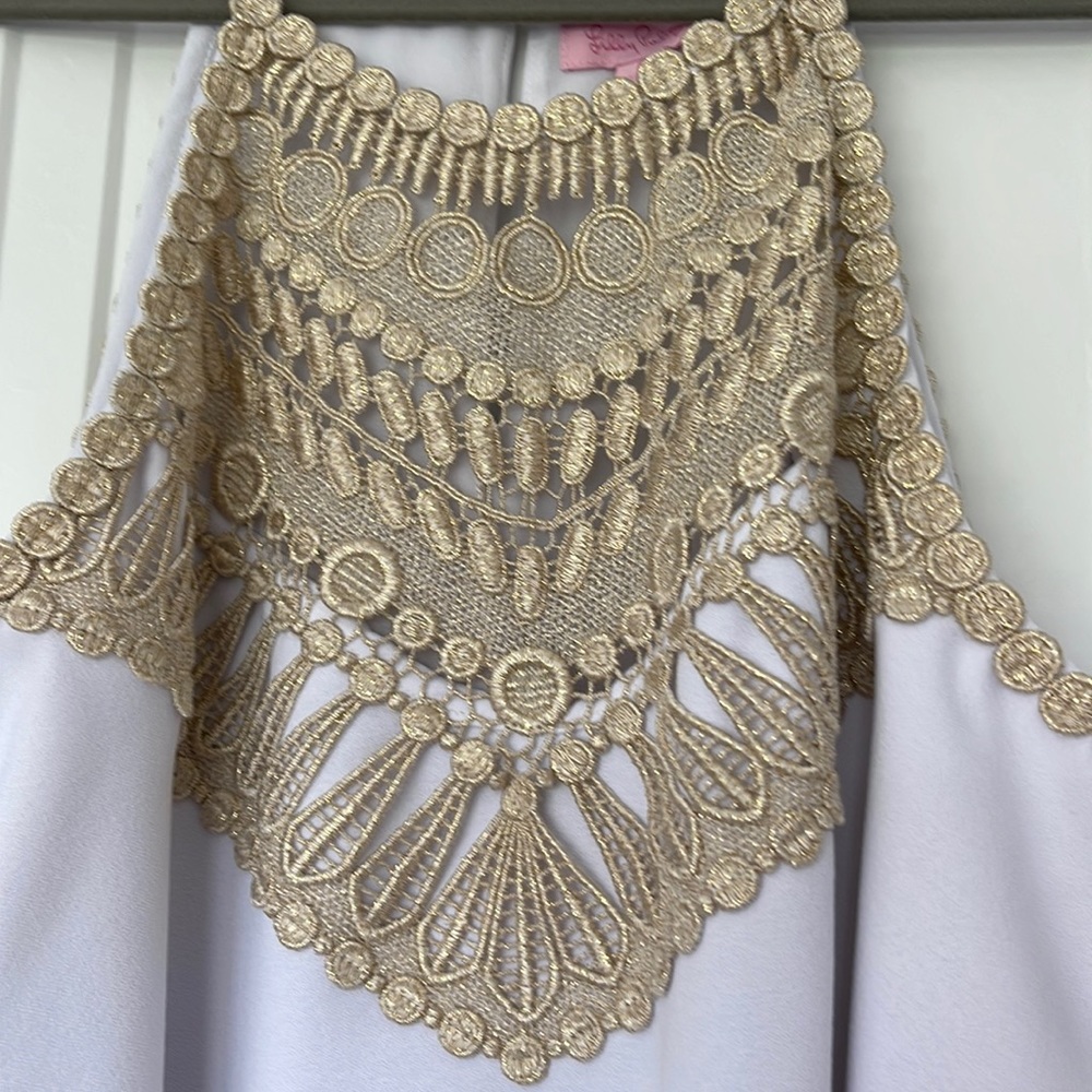 Lilly Pulitzer Pearl Resort Shift Dress, White & Gold Lace, Size 8.